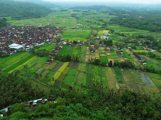 Aerial view of Bugbug village and Mount Agung in Bali, Indonesia