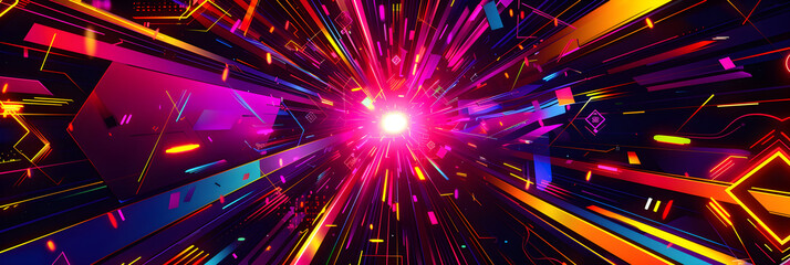 Obraz premium Futuristic Neon Geometric Explosion: A Digital Art Illustration inspired by Video Gaming Aesthetics