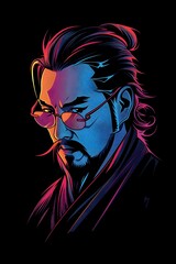 Calculating Expression of a Cunning Military Advisor in Synthwave Esports Style