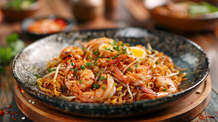 Sizzling Shrimp Pad Thai on Plate
