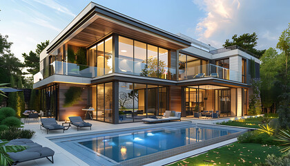 a modern house with a pool surrounded by lush greenery and a blue sky, featuring a variety of...