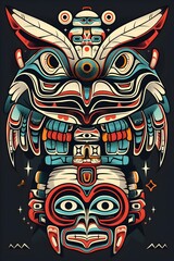 Obraz premium Captivating Inuit Inspired Tattoo Design with Totems Igloos and Arctic Animals in Vibrant 90s Synthwave Style