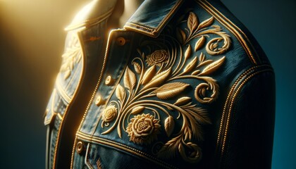 A close up of a person's jacket with gold embroidery and flowers