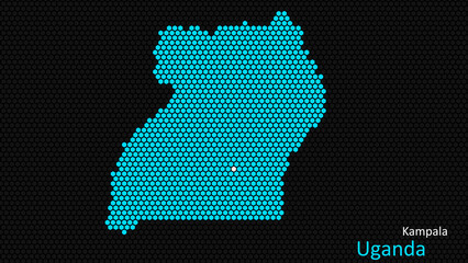 A map of Uganda, with a dark background and the country's outline in the shape of a colored hexagon, centered around the capital. A simple sketch of the country