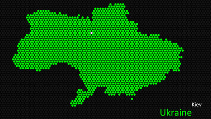 Obraz premium A map of Ukraine, with a dark background and the country's outline in the shape of a colored hexagon, centered around the capital. A simple sketch of the country