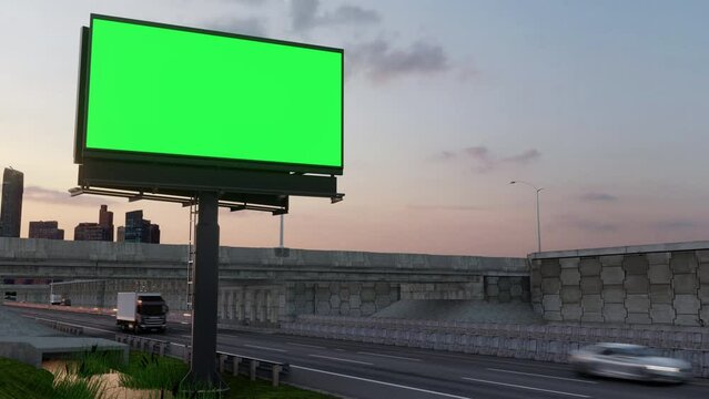 Mock up concept. Green screen billboard on the the highway against the background. 3d animation