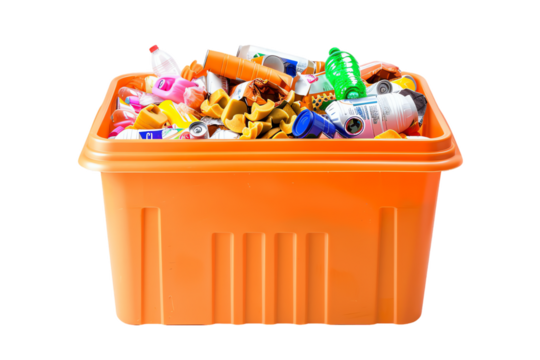 Isolated colorful plastic recycle bin overflowing with crumpled white paper