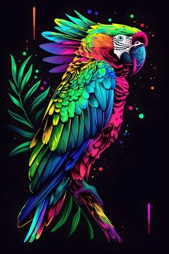 Curious and Intelligent Parrot with Vibrant Colorful Feathers Perched on Branch Against Solid Black Synthwave Background