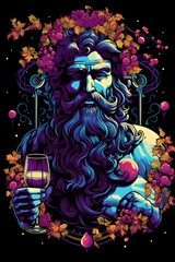 Dionysus the Greek God of Wine and Revelry Depicted in Vivid Streetwear Attire with Grapes and Vines on a Black Synthwave Background