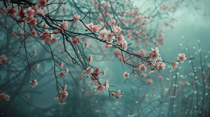 Ethereal Blossoms in Misty Forest