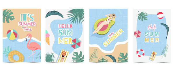 Party summer time postcard with pool and beach for vertical a4 design