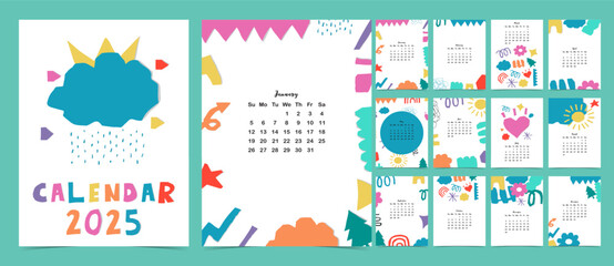2025 table monthly calendar week start on Sunday with shape that use for vertical digital and printable A4 A5 size