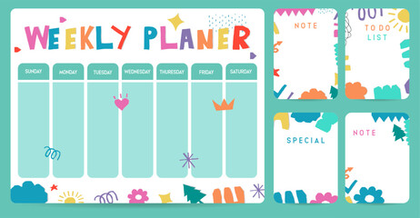 cute weekly planner background with shape,curve.Vector illustration for kid and baby.Editable element