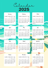 2025 table yearly calendar week start on Sunday with beach that use for vertical digital and printable A4 A5 size