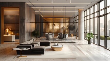 A modern lounge area with glass partitions, black velvet sofas, white coffee tables, and gold...
