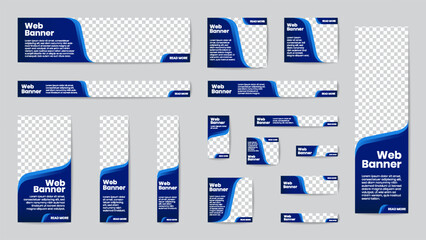 Business banner standard size in horizontal and vertical rectangle square template set for web design. Gradient blue with geometric curve shapes header with place of photos. EPS10 vector.