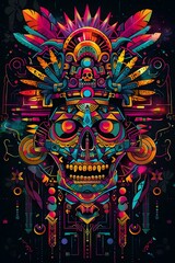 Obraz premium Ethnic Tribal Skull Tattoo Design with Aztec Inca Ancestral Symbols and Synthwave Aesthetics