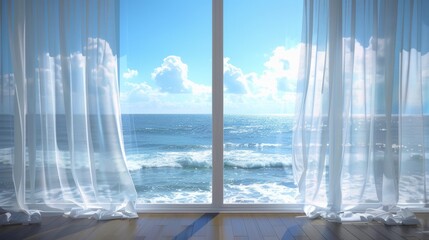 Outside the window is a room with the sea