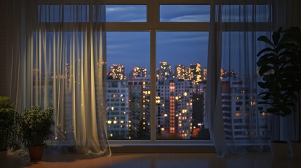 Modern urban skyscraper landscape seen through indoor windows at night