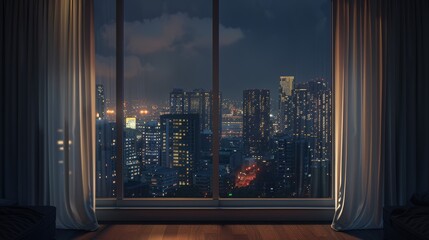 Modern urban skyscraper landscape seen through indoor windows at night