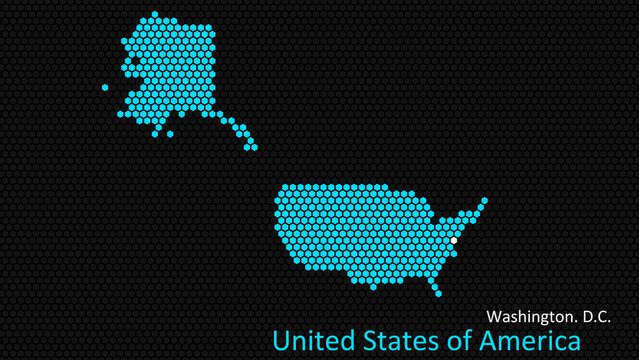 A map of United States of America, with a dark background and the country's outline in the shape of a colored hexagon, centered around the capital. A simple sketch of the country