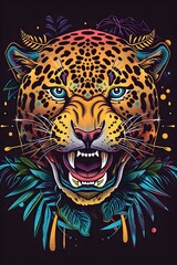 Fierce Jaguar Adorned with Mayan Hieroglyphs and Jungle Motifs on Vibrant Synthwave Background