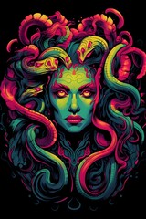 Fototapeta premium Fierce Medusa Gorgon in Streetwear Style with Snakes Hair on Black Background