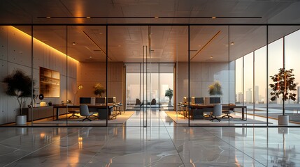 A panoramic view of a minimalist glass-walled office space, featuring sleek black desks, white chairs, and touches of gold in the decor