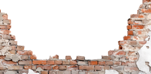 Broken brown brick wall with a big hole isolated on transparent background