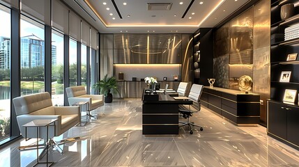 A panoramic view of a modern glass office space featuring sleek black desks, white leather chairs,...