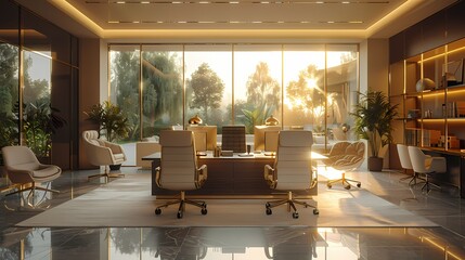 A panoramic view of a modern glass office space featuring sleek black desks, white leather chairs,...
