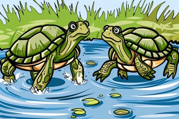 Cartoon cute doodles of two turtles racing each other in a pond, paddling their flippers furiously and determined to reach the finish line first, Generative AI