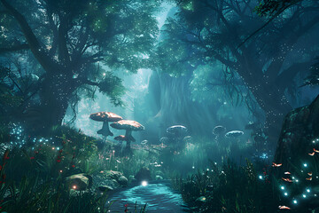 Mystic Moonlight Forest Stream: Tranquil Wilderness Adventure in Virtual Gaming World