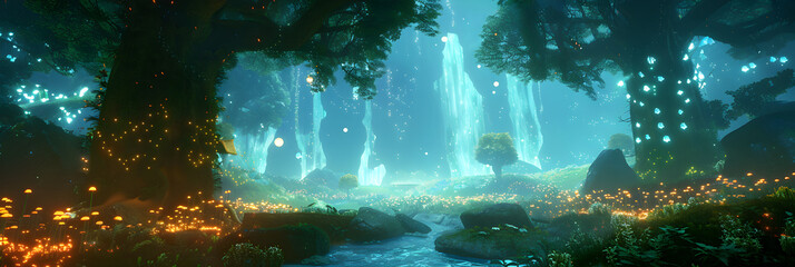 Fototapeta na wymiar Mystic Moonlight Forest Stream: Tranquil Wilderness Adventure in Virtual Gaming World