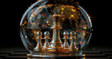 Chess pieces in a glass globe.