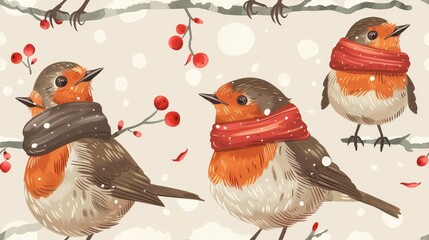 Cute birds with scarves on a snowy branch. - obrazy, fototapety, plakaty