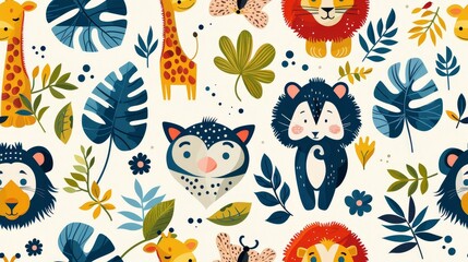 Cute cartoon animals and plants seamless pattern. Colorful vector illustration with giraffes, lions, cats and tropical leaves. Perfect for fabric, wallpaper, nursery decor. - obrazy, fototapety, plakaty