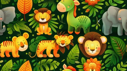 Cute cartoon animals in the jungle. Seamless pattern with lion, tiger, elephant and giraffe. Vector illustration. - obrazy, fototapety, plakaty