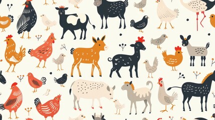 Cute cartoon farm animal seamless pattern with chicken, goat, sheep, rooster, and flowers. Use for nursery fabric, wallpaper, wrapping paper, and home decor. - obrazy, fototapety, plakaty