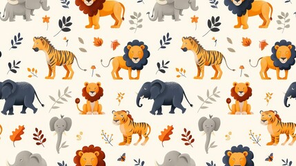 Cute cartoon seamless pattern with elephant, lion and tiger. Perfect for kids room, fabric, textile, nursery decor. - obrazy, fototapety, plakaty