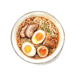 Watercolor illustration of soy sauce ramen noodles with roasted pork and egg on white background - obrazy, fototapety, plakaty