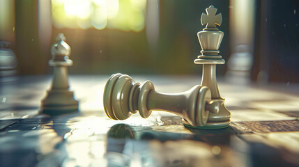 Chess pieces on a cheseboard. - obrazy, fototapety, plakaty