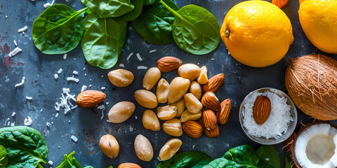 A variety of foods including lemons, nuts and spinach. - obrazy, fototapety, plakaty