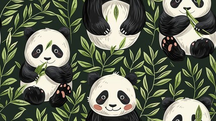 Cute cartoon pandas. Seamless pattern with hand drawn funny animals. Vector illustration. - obrazy, fototapety, plakaty