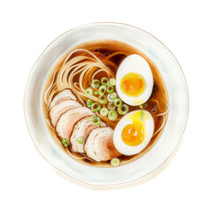 Watercolor illustration of soy sauce ramen noodles with roasted pork and egg on white background - obrazy, fototapety, plakaty
