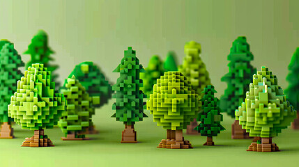 A group of green trees made from pixel blocks. - obrazy, fototapety, plakaty