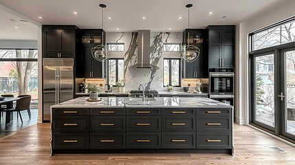 A sleek and modern kitchen with black matte cabinets, white marble countertops, and gold hardware...