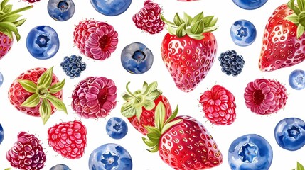 Fresh and juicy blueberries, raspberries and strawberries. Perfect for a healthy snack or a delicious dessert. - obrazy, fototapety, plakaty