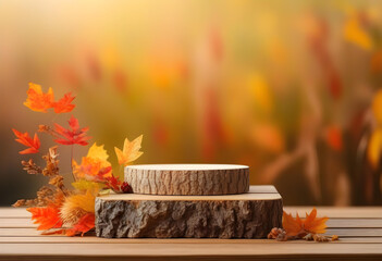 A podium with dried plants and leaves on a fall-themed background