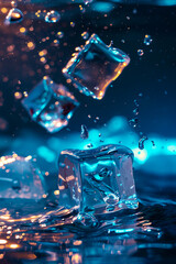 Ice cubes falling into water. - obrazy, fototapety, plakaty